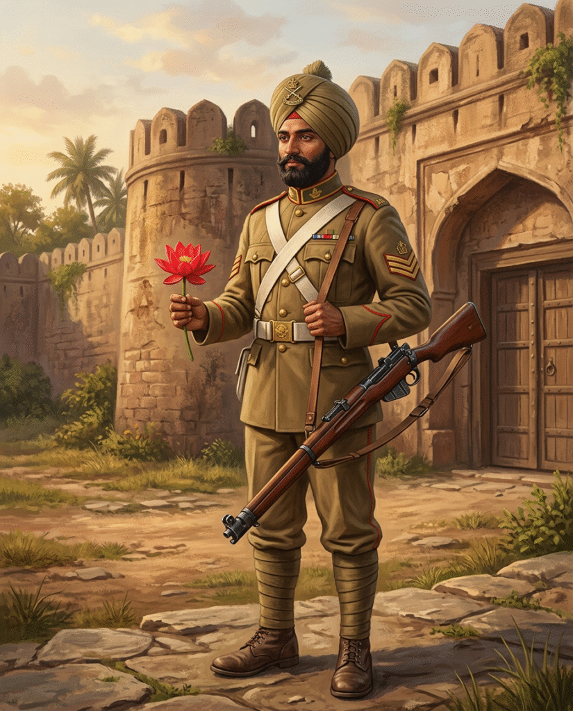 Indian soldier holding red lotus in his hand